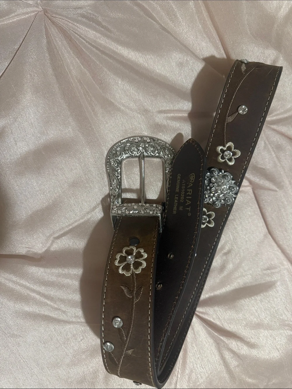Ariat Dark Brown Floral Leather Belt with Silver Floral Buckle